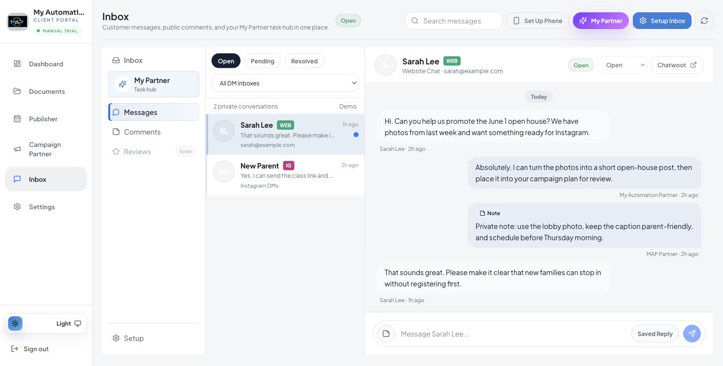 Inbox screenshot showing customer message and MAP reply workflow