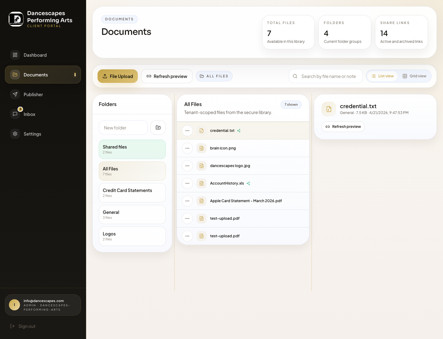 Live document storage screenshot