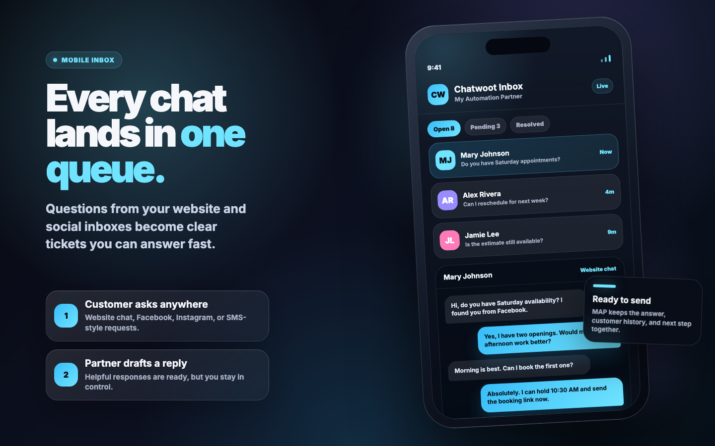 Phone showing Chatwoot inbox with customer messages and replies