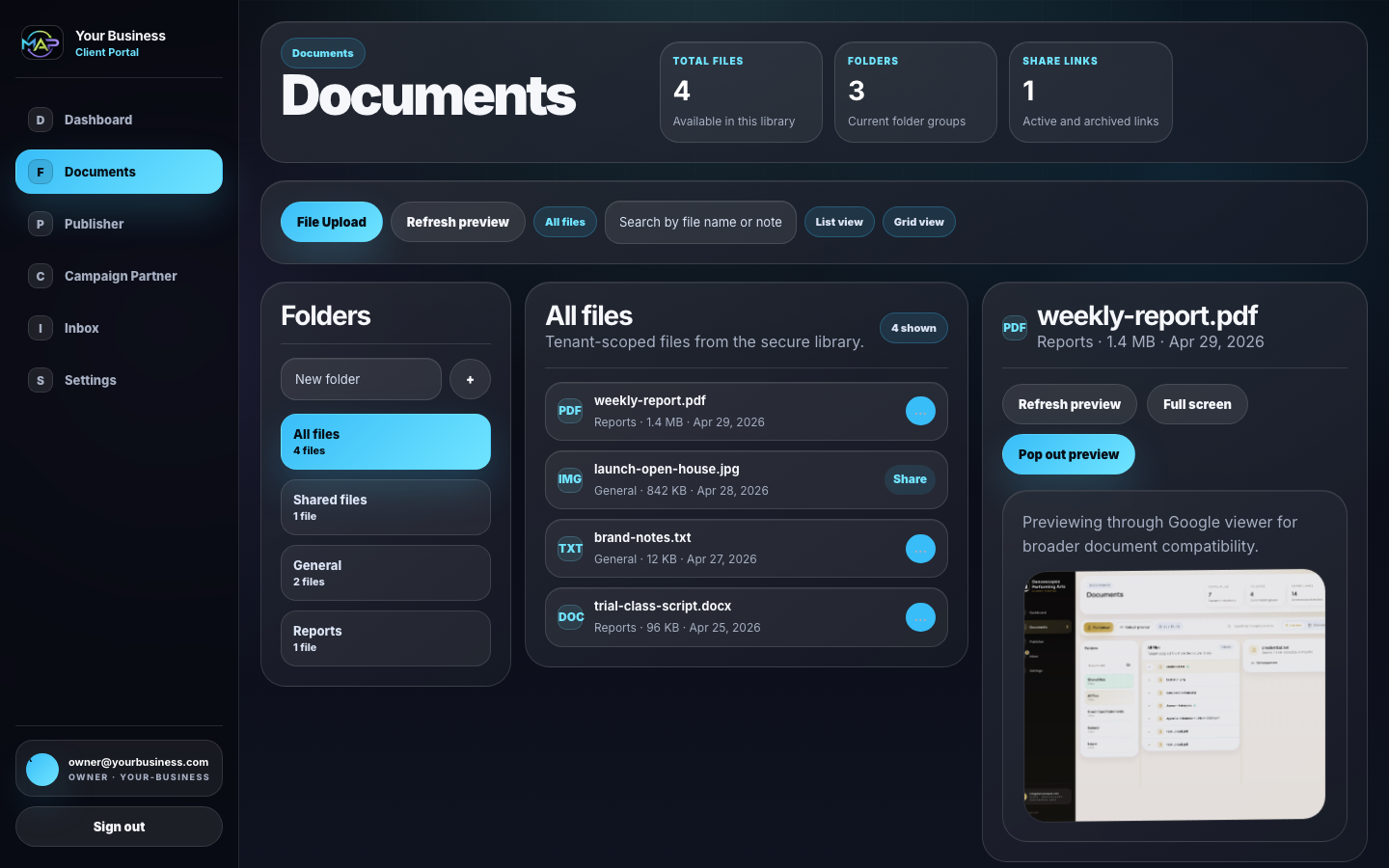 Documents workspace screen