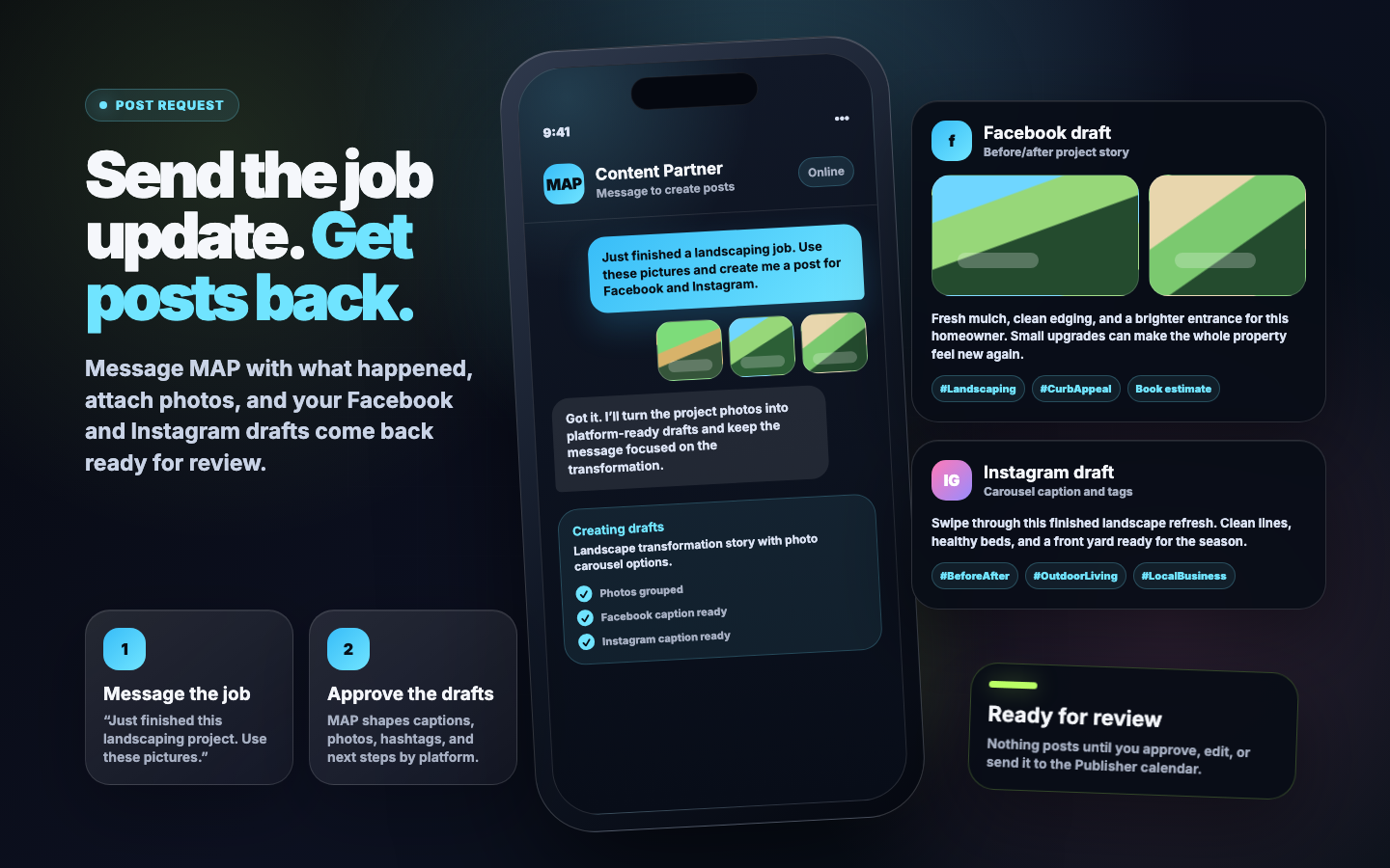 Phone message requesting Facebook and Instagram posts from job photos